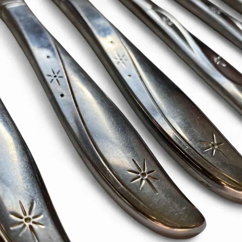 Vintage MCM Midcentury Modern Whimsigoth Set of 8 Silver Knifes Boho Star Motifs